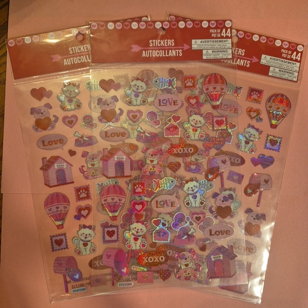 Adorable Valentines Day Stickers! 3 NEW‎ Sealed Sheets. Kitty, Puppy, Hearts.